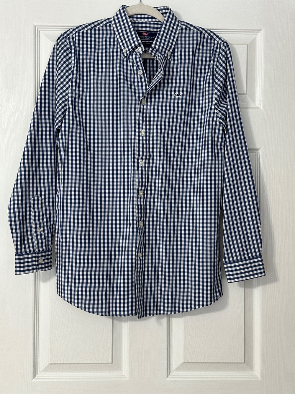 Vineyard Vines Navy and White Gingham Button-Down Shirt, Boys XL (18)